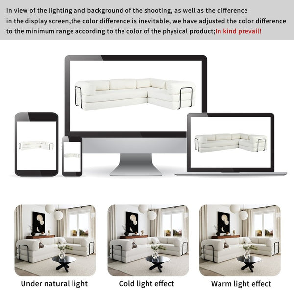 English Elm U_style Modular Corduroy Sectional Sofa Converts to Guest Bed for Apartment Living Beige WY000463AAA