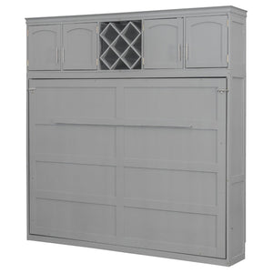 English Elm Queen Murphy Wall Bed with Storage Cabinets and Wine Rack for Small Space Living Gray LP000879AAE-1
