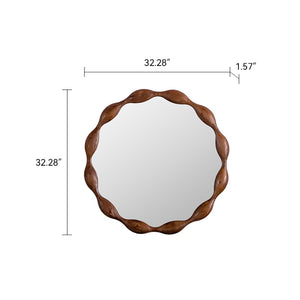 English Elm 32.28" Solid Walnut Wavy Frame Round Mirror Organic Silhouette for Entryway or Living Room W3158P390658
