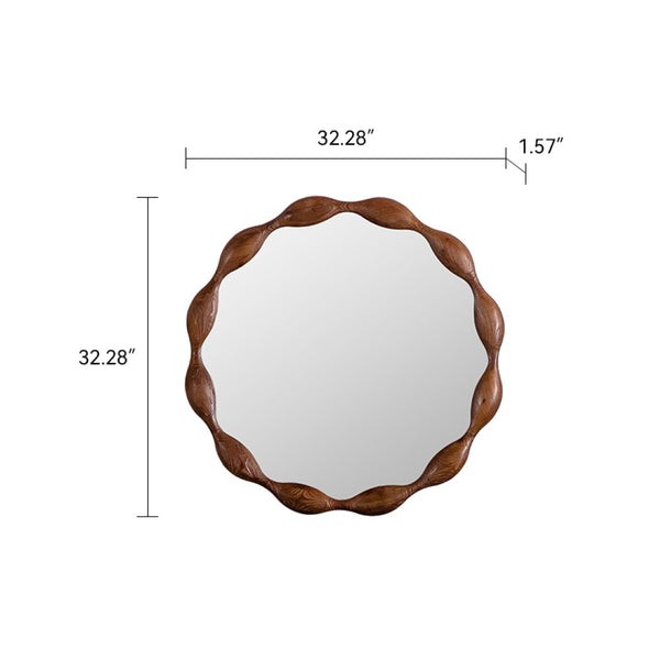 English Elm 32.28" Solid Walnut Wavy Frame Round Mirror Organic Silhouette for Entryway or Living Room W3158P390658