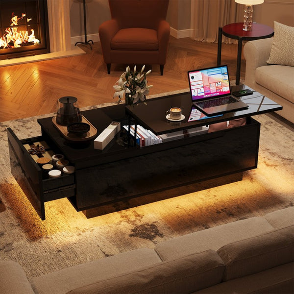 English Elm Coffee Table with Led Lighting Bluetooth Speaker Wireless Charging and Faux Marble Top T3773P417345