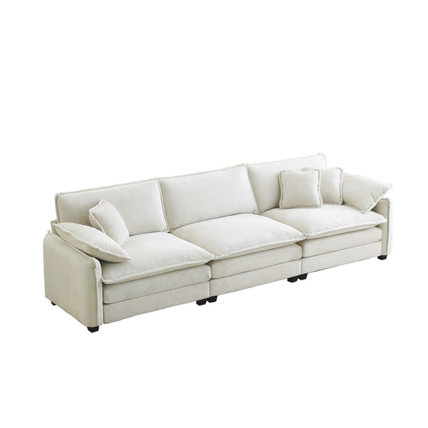 English Elm Mid-Century Modern 3-Seater Sectional Sofa In Beige Corduroy With Pillows For Stylish Comfort W714S00688