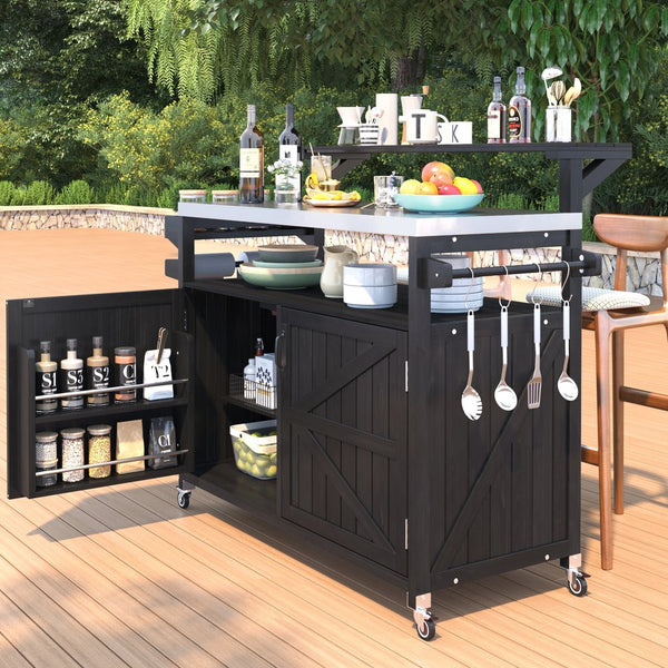 English Elm K&K 53.3" Outdoor Kitchen Island with 1.2" Stainless Top, Spacious Storage, Raised Shelf, Wheels Black N707P250628B
