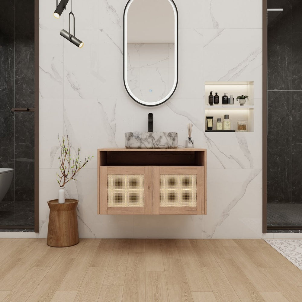 English Elm 30" Wall Mounted Bathroom Vanity Oak Finish Ceramic Art Sink Soft Close Storage W999S00493