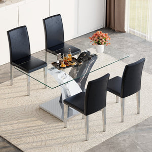 English Elm Table 5-Piece Dining Set With Glass Top, Sculptural Mdf Legs, And 4 Black Pu Chairs For Modern Style W1151S03802-GIGA