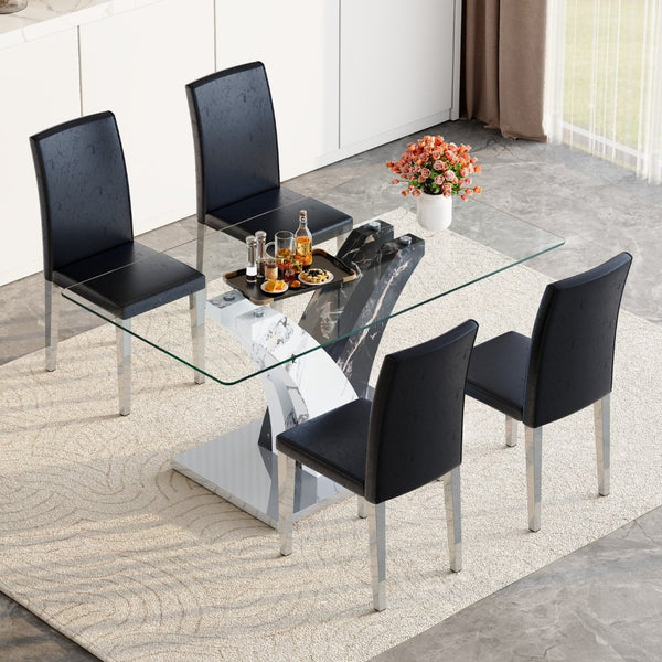 English Elm Table 5-Piece Dining Set With Glass Top, Sculptural Mdf Legs, And 4 Black Pu Chairs For Modern Style W1151S03802-GIGA