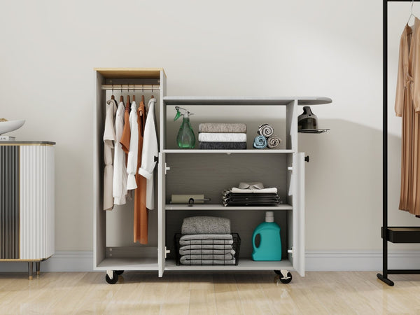 English Elm Ironing Cabinet on Wheels with Pull Out Board Open Shelves and Antique White Finish W1120P330148