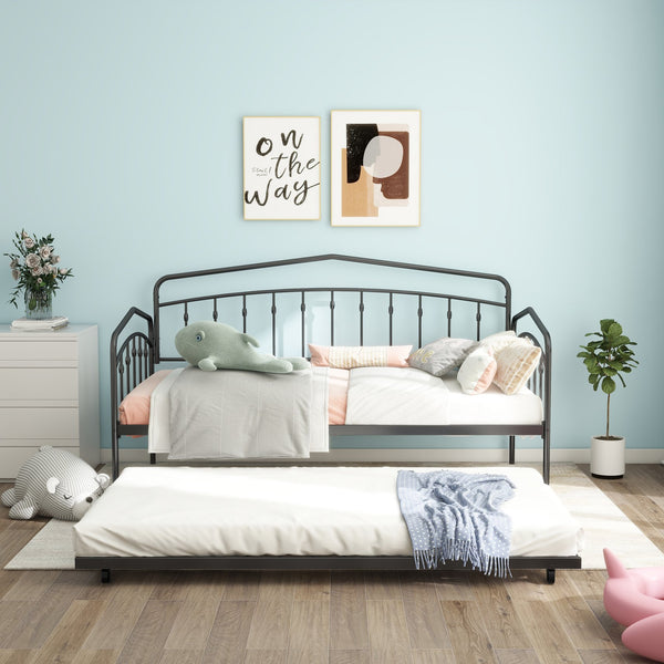 English Elm Fox twin daybed with twin trundle sturdy metal frame, anti-noise slats, easy-glide casters, no box spring needed Black B083P154245