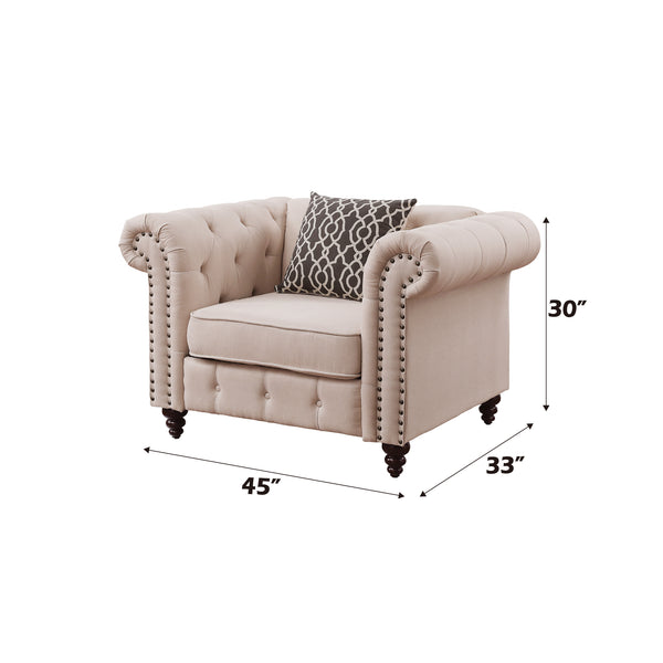 English Elm Aurelia Beige Linen Armchair with Tufted Chesterfield Arms, Nailhead Trim & Accent Pillow —luxury comfort B2726P255739