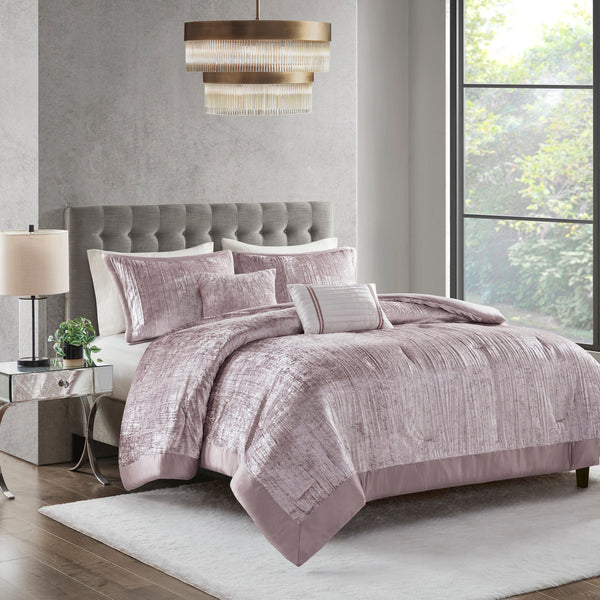 English Elm 5 Piece Crinkle Velvet Comforter Set King/Cal King Luxe Glam Crushed Pleat Charmeuse Trim, Hypoallergenic Filling Blush 19.29 L x 23.62 W x 11.02 H B035P148353