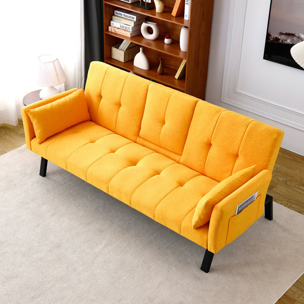 English Elm 70-inch Foldable Cotton Linen Sofa Bed with Cup Holder & Side Storage, Space-Saving 2-Seater Design Yellow W3371P337202
