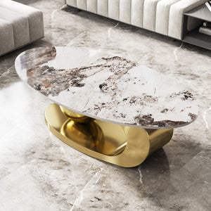 English Elm 49.2 Oval Faux Marble Coffee Table with Titanium-Coated Stainless Steel Base and Sintered Stone Top Gold,White W3136S00014