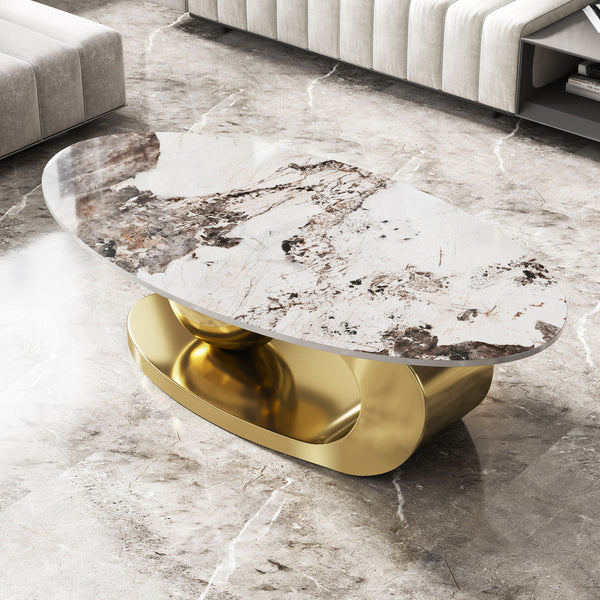English Elm 49.2 Oval Faux Marble Coffee Table with Titanium-Coated Stainless Steel Base and Sintered Stone Top Gold,White W3136S00014