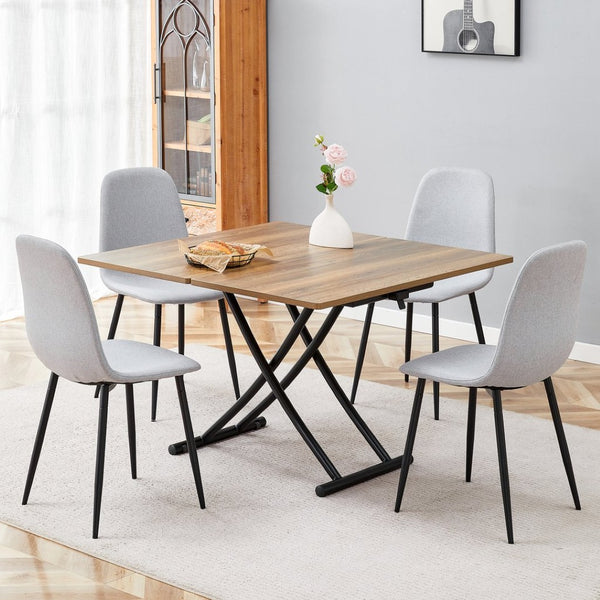 English Elm Table and Chair Set Adjustable Height Mdf Wood Grain Top with Four Linen Dining Chairs Black,Light Gray,Natural Wood W1151S03769