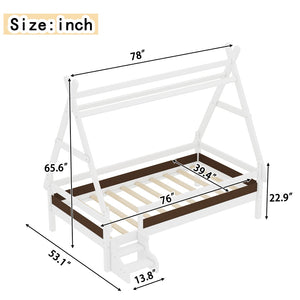 English Elm Twin House Shaped Platform Bed Solid Pine Frame with Built in Stairs for Kids W1580P354718