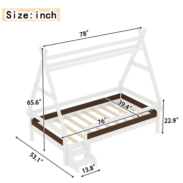 English Elm Twin House Shaped Platform Bed Solid Pine Frame with Built in Stairs for Kids W1580P354718