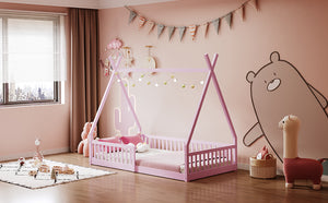English Elm Twin House Bed with Roof and Fence for Kids – Sturdy Pine Frame, Vintage Wash Design, Safe Sleep Space Pink N709P183348H