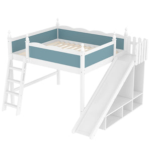 English Elm Queen Loft Bed With Storage Shelves, Fun Detachable Slide, Solid Wood Design, Blue & White Finish W1580S00249-GIGA