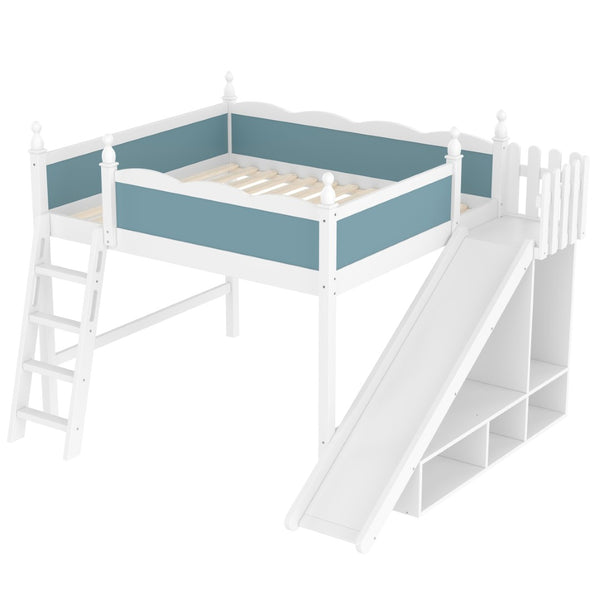 English Elm Queen Loft Bed With Storage Shelves, Fun Detachable Slide, Solid Wood Design, Blue & White Finish W1580S00249-GIGA