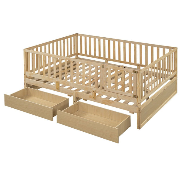 English Elm Full Size Pinewood Kids Daybed with Fence Rails Split Floor Bed and Storage Drawers Natural LP100882AAN