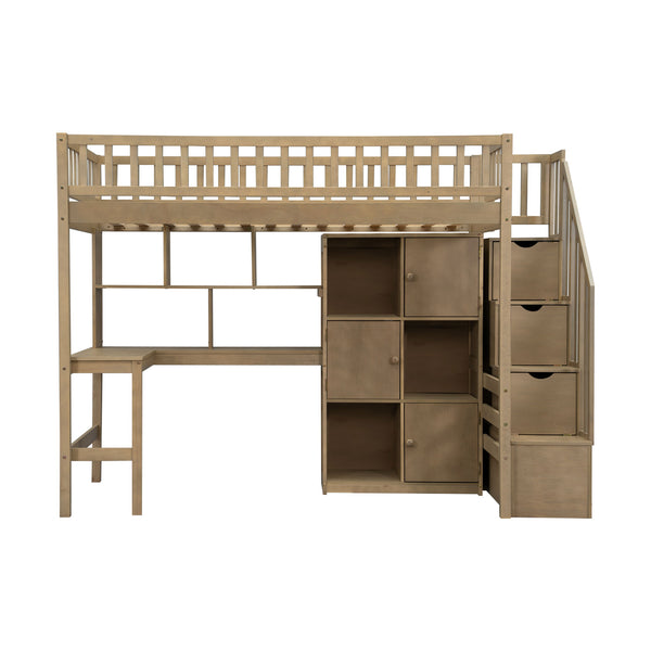 English Elm Wood Twin Loft Bed with Built-In L-Desk, LED Lighting, Staircase Storage, Shelves & Cabinets Walnut N7090000470D