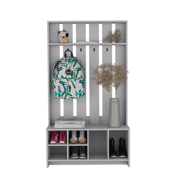 English Elm Tulcan 38" Wide Hall Tree with Bench, Smoke Grey Entryway Organizer with 4 Hooks & 6 Shoe Cubbies B070S00337