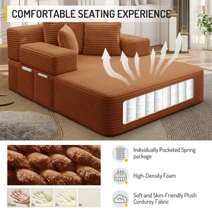 English Elm Luxurious Corduroy Convertible Chaise Lounge Sofa Bed with Storage and Coil Spring Foam Orange W3219P483088
