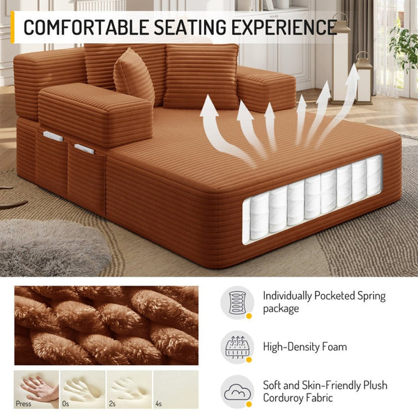 English Elm Luxurious Corduroy Convertible Chaise Lounge Sofa Bed with Storage and Coil Spring Foam Orange W3219P483088