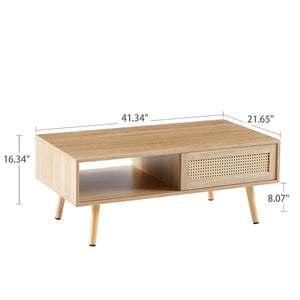 English Elm 41.34" Woven Rattan Coffee Table with Sliding Storage Door and Solid Wood Legs W126573113