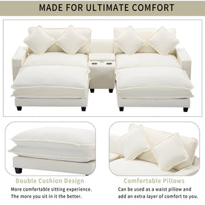 English Elm 111" Sectional Sofa Chenille Upholstered with Removable Ottoman, USB Ports, Cup Holders & Storage Box Beige N719S001480A