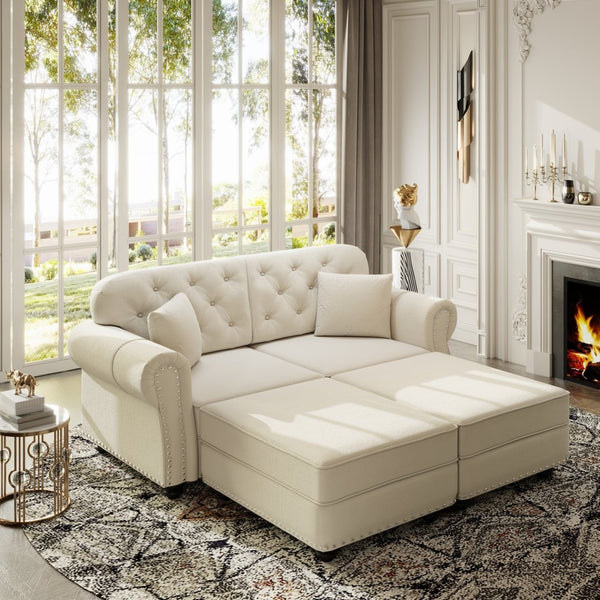English Elm 63"upholstered Velvet Loveseat with Tufted Back Nailhead Arms Chesterfield Living Room Beige White W1885S00379