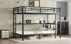 English Elm Full Over Twin Bunk Bed With Integrated Desk, Led Lighting & Usb Ports, Versatile Black Metal Design W1580S00127
