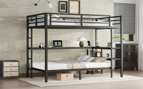 English Elm Full Over Twin Bunk Bed With Integrated Desk, Led Lighting & Usb Ports, Versatile Black Metal Design W1580S00127