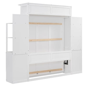 English Elm Full Size Murphy Wall Bed with Led Lighting Shelves Drawers and Fold Down Storage LP100565AAK