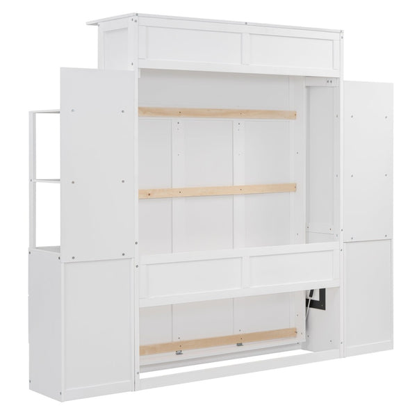 English Elm Full Size Murphy Wall Bed with Led Lighting Shelves Drawers and Fold Down Storage LP100565AAK