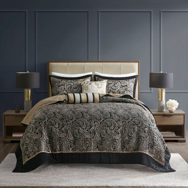 JLA Home Madison Park - 5 Reversible Jacquard Bedspread Set with Paisley Motif, Taupe-Platinum Sheen, Quilted Elegance Black MP13-7961