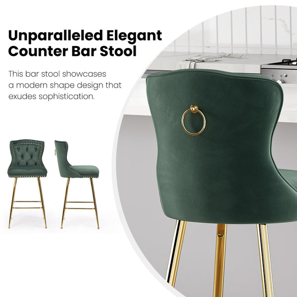 English Elm Bar Stools Set Of 2 - Elegant Green Velvet Wing-Back Chairs With Gold Metal Legs For Modern Dining T3623P363070