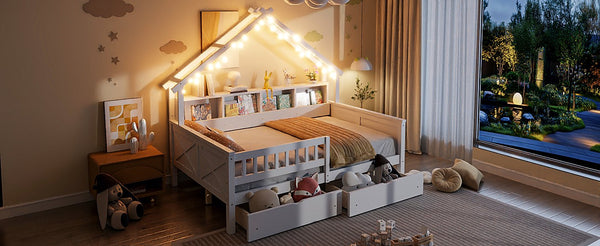 English Elm Wood Full Size Gaming Loft Bed with Integrated Desk, Shelves, LED Lighting & Hanging Clothes Rack White N7090001044K