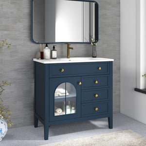 English Elm 35.6" Freestanding Bathroom Vanity with Roman Column Base and Ceramic Integrated Sink Blue W1801S00012