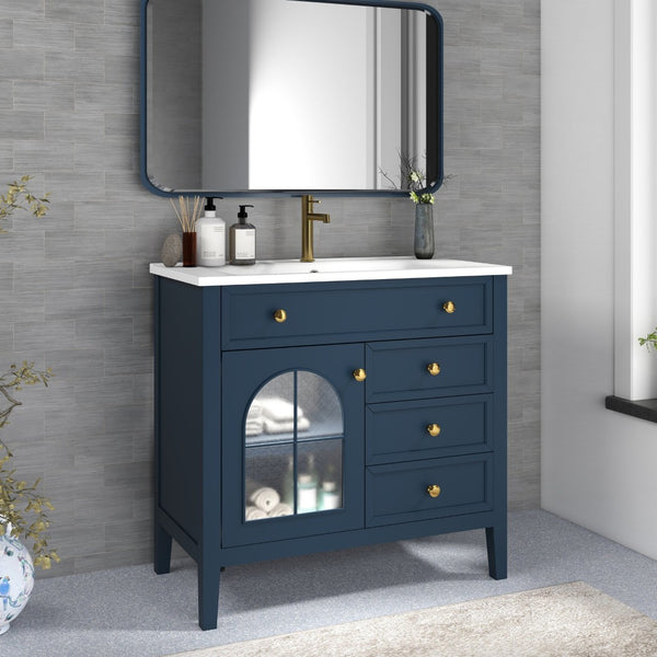 English Elm 35.6" Freestanding Bathroom Vanity with Roman Column Base and Ceramic Integrated Sink Blue W1801S00012