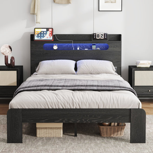 English Elm Bed Frame King Size - Sturdy Wood Platform With Led Light Headboard, Usb Ports & Ample Storage Solutions W636P277311