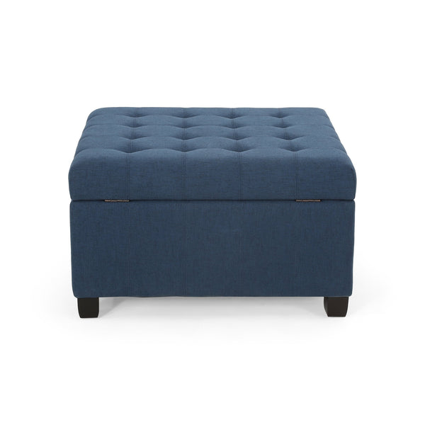 English Elm Christopher Knight Home® - ISABELLA Upholstered Storage Ottoman with Tufted Lid, Soft-Close Hinge, Birch Legs, 32" Square Navy Blue 52528.00FNBLU