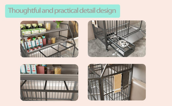 English Elm Large Pet Cage with Iron Frame Mdf Panels Storage Rack and Steel Feeding Basins Black,Gray+Charcoal W3064P245387