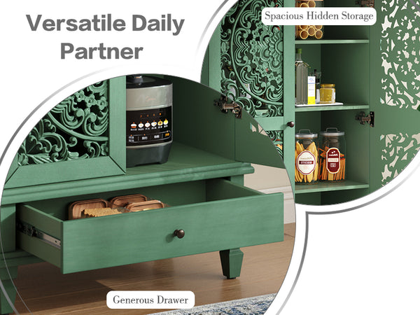 English Elm Rustic Retro Green 55" Tall Storage Cabinet with Carved Doors, Drawer & Solid Wood Legs for Home Decor Antique Green W1445P376553