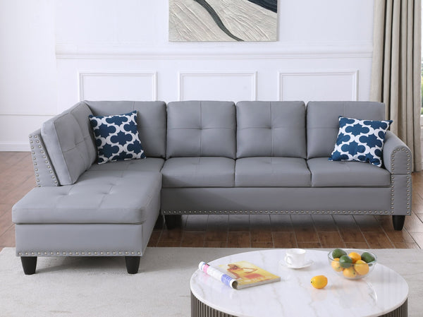 English Elm Black Faux Leather L Shaped Sectional with Cup Holders Nailhead Trim Storage Gray B2730S00028