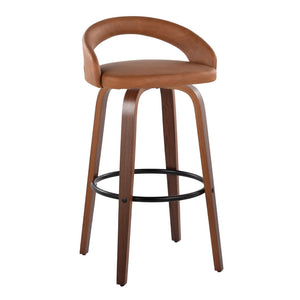 English Elm Fixed-height Swivel Barstools Walnut Bentwood Camel Faux Leather Kitchen Set of 2 B202S01857