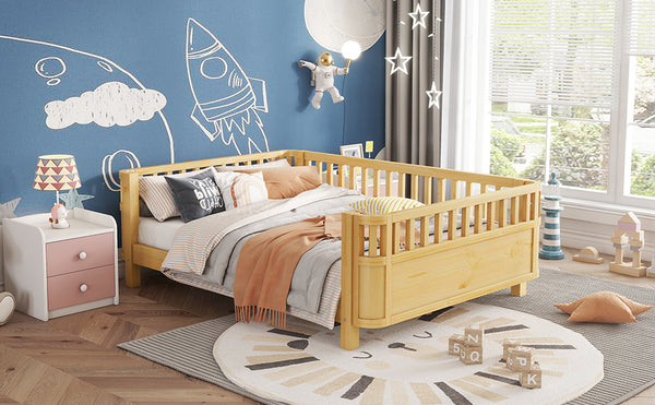 English Elm Full Full Size Wood Platform Bed for Kids with Guardrail, Solid Pine Construction, Low Profile, 350LB Capacity, Natural Finish W2593P367066