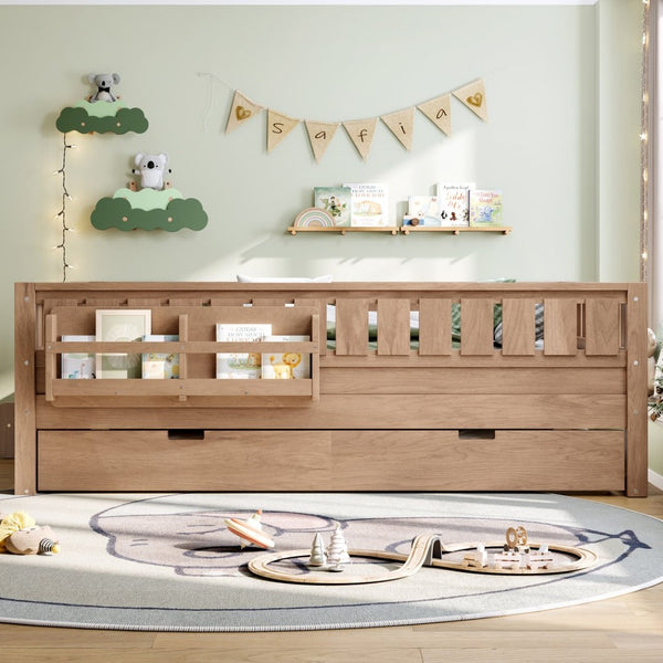 English Elm Twin Kids Platform Bed with Trundle Staircase Bookshelf and Rounded Safety Rails Natural W1580S00561