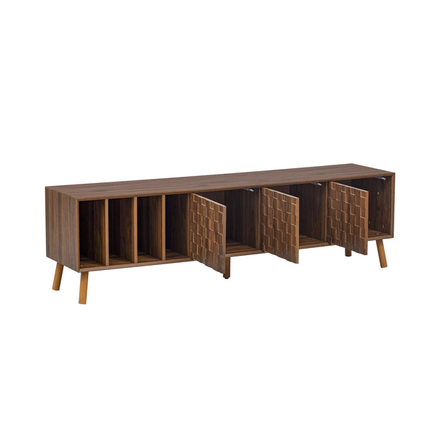 English Elm 70" Mid-Century Modern TV Stand with Lattice Wood Grain, 3 Cabinets & 4 Open Shelves, Walnut Elegance N710P222773P