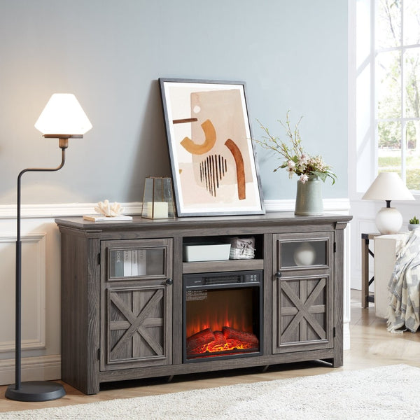 English Elm 2 Door Farmhouse Tv Console with Electric Fireplace Barn Style Grey Finish 60 Inch W1758S00025